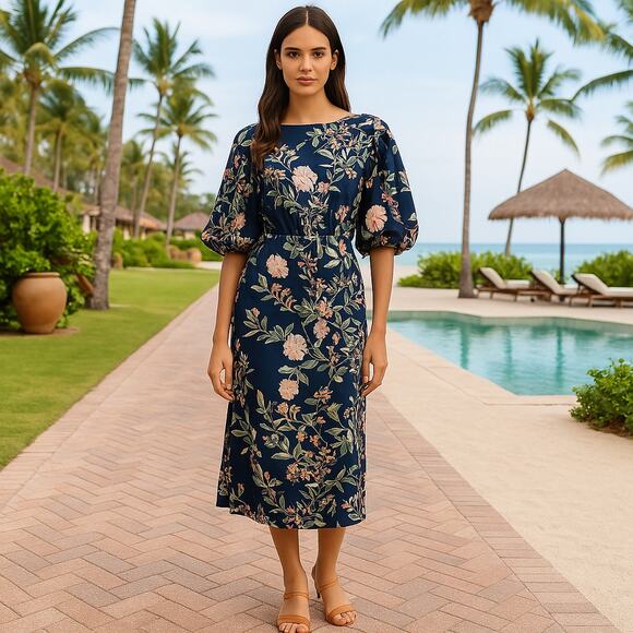 Cara Cara Andrea Floral Puff Sleeve Midi Dress in Navy Blue – Size 6 - Picture 1 of 7